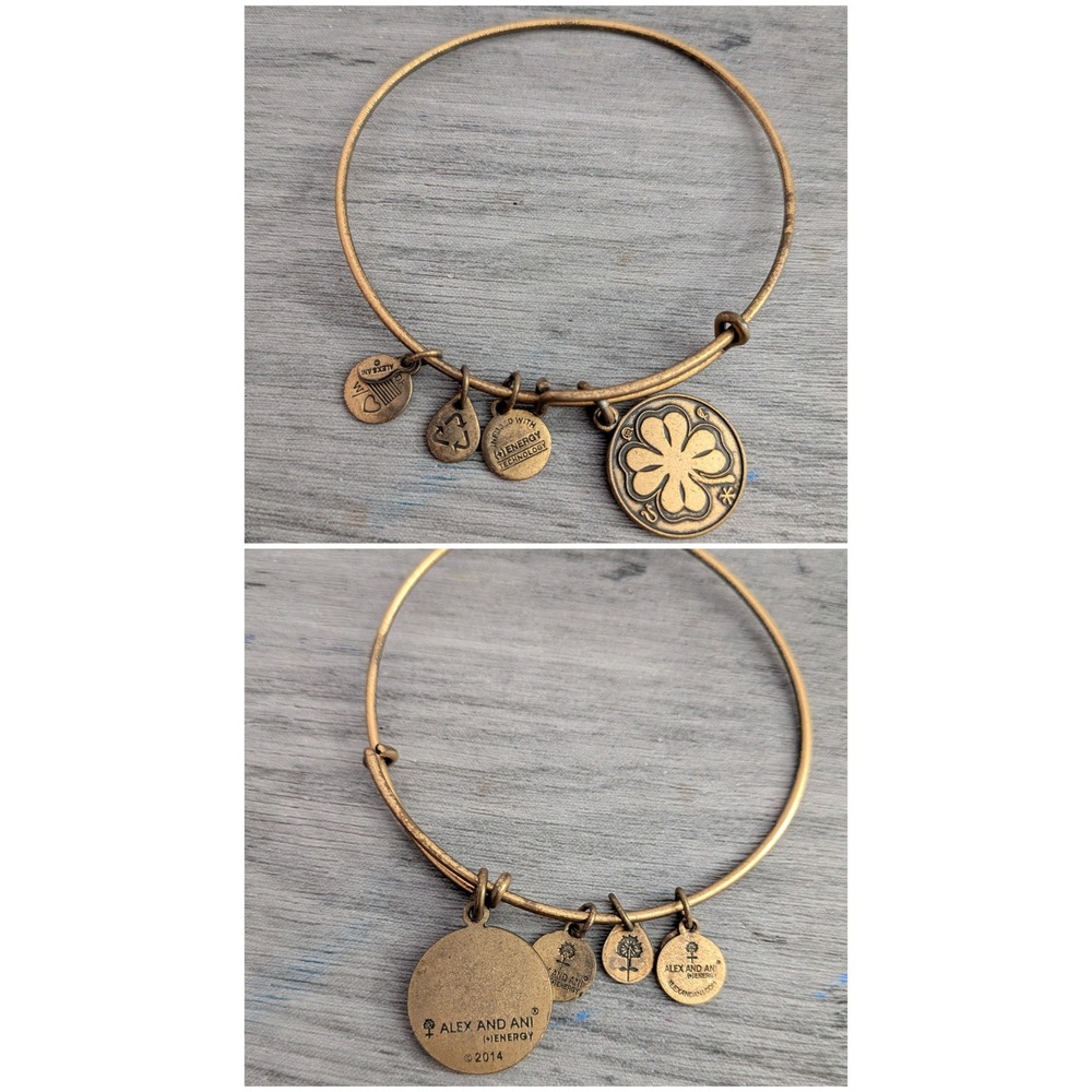 Alex and Ani Four Leaf Clover Bangle Bracelet Rafaelian Gold Finish Adjustable